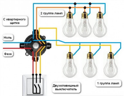 Схема подключения двухклавишного выключателя с заземлением