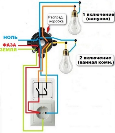 Схема подключения блока розетки и двойного выключателя