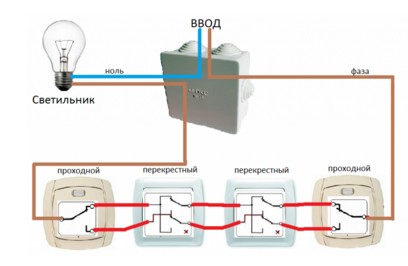 Схема проходного выключателя для управления из 4-х мест